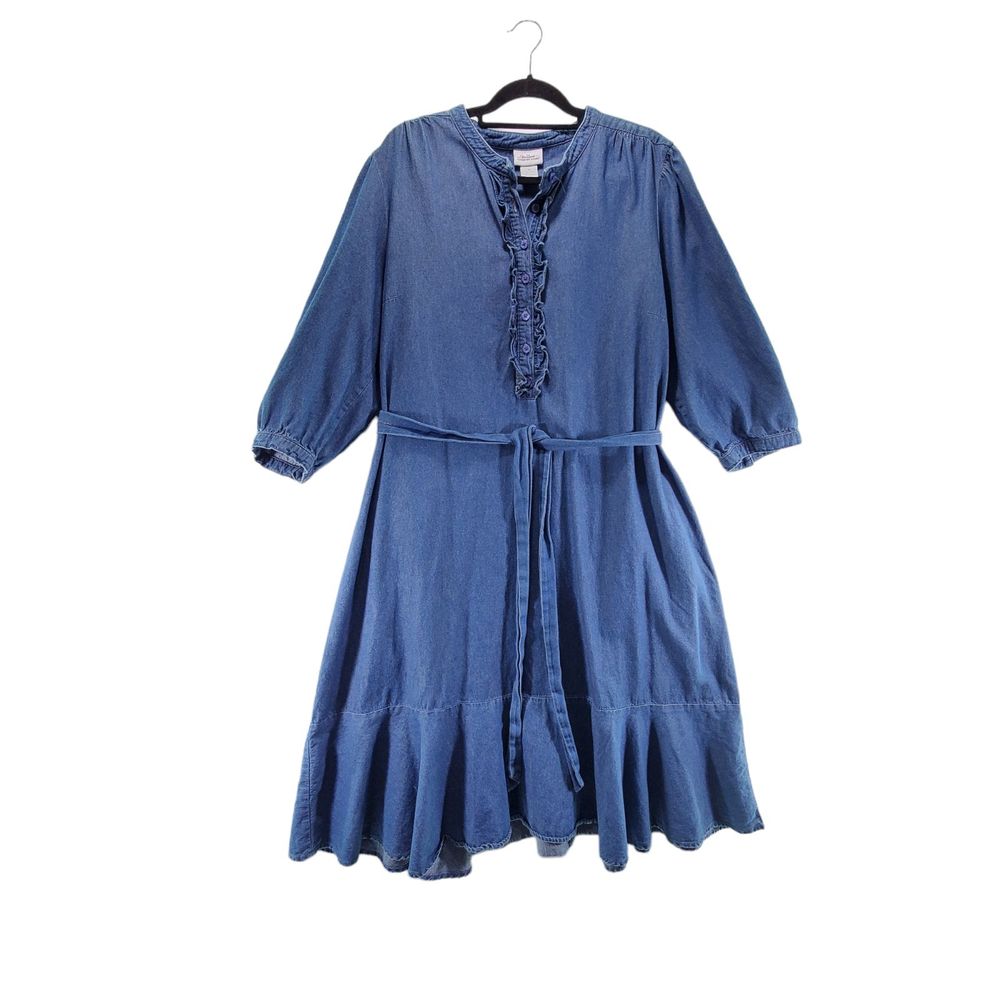 1X The Vermont Country Store Cotton Denim Dress Cotton Long Sleeve MuuMuu